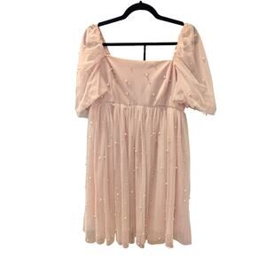 Francesca’s Limelight Jemma Dress L Pink Tulle Puff Sleeve Pearl Mini Dress